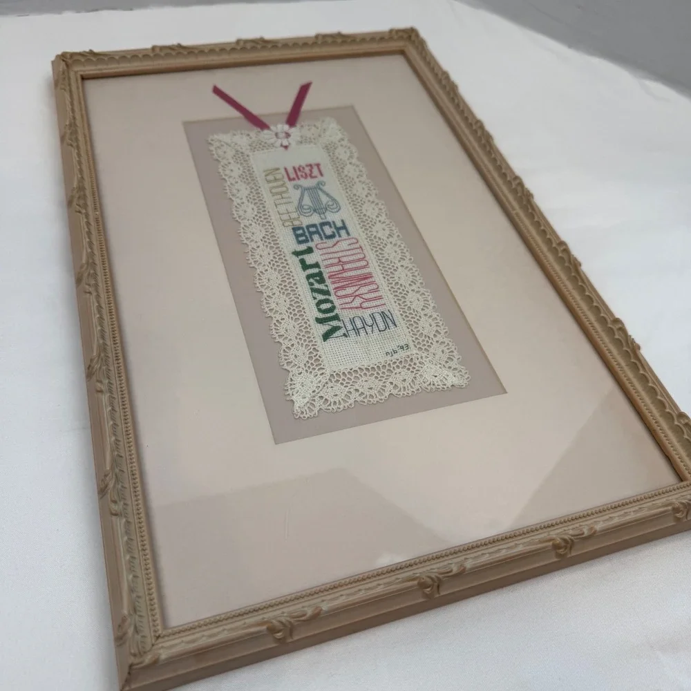 Vintage 1993 Classical Composers Needlepoint Framed Art Mozart Bach Lace Detail